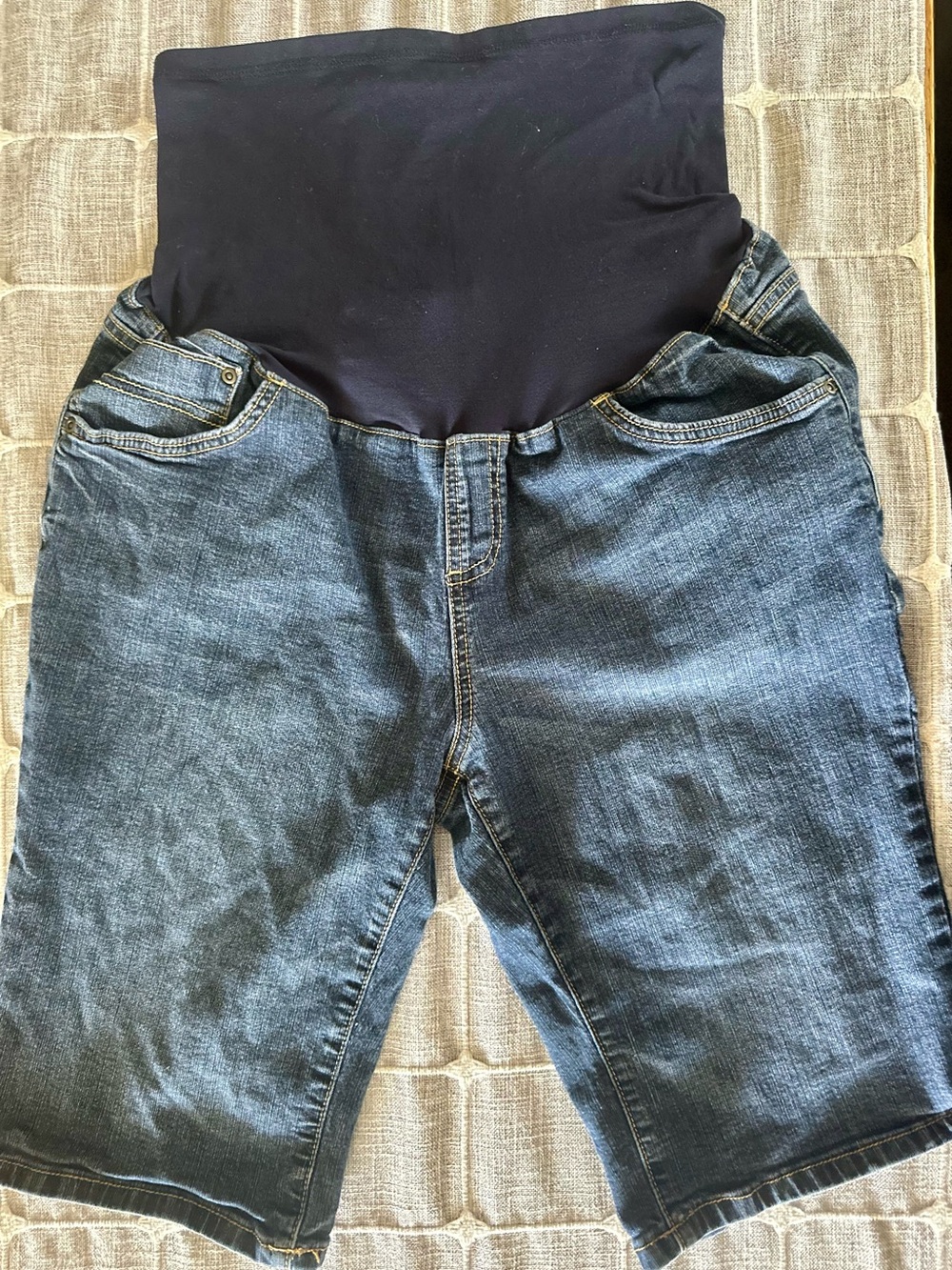 duo Maternity Dark Blue Denim Bermuda Shorts with Black Belly Panel